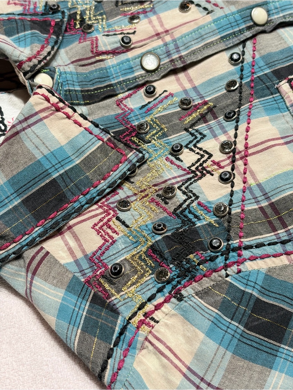 Embellished Plaid Snap-Front Western Shirt in Blue with Cream - Picture 6 of 14